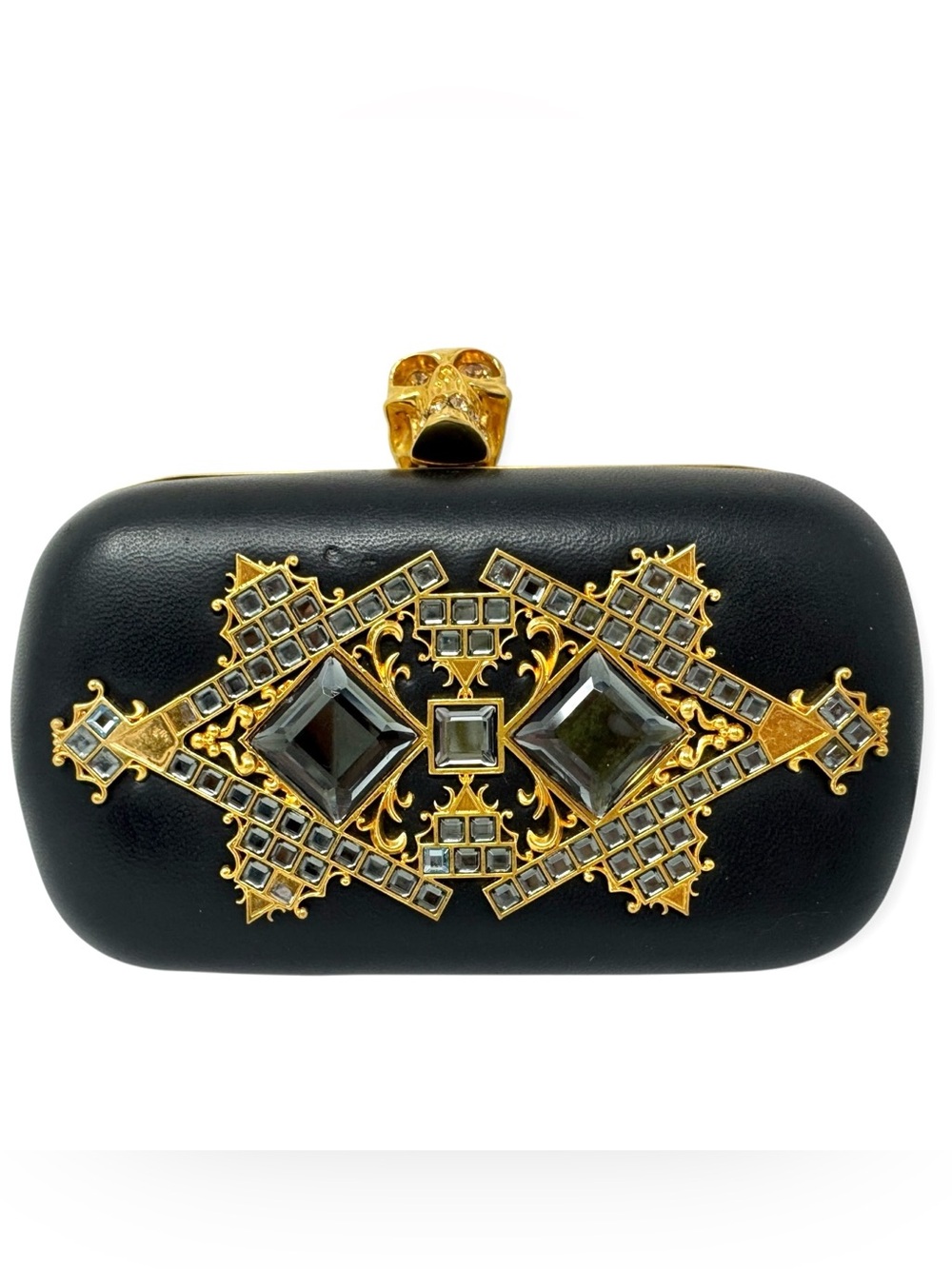 ✨🛍️ Alexander McQueen Black Leather & Swarovski Crystal Skull Box Clutch